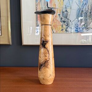 Artisan Wooden candle holder  with Black Accents burled maple handcrafted